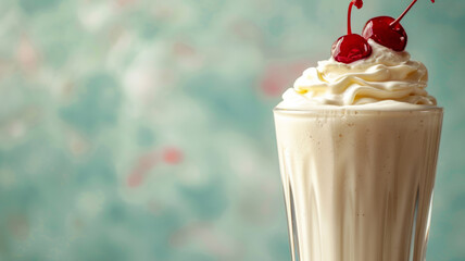 Vanilla milkshake topped with whipped cream and cherries.