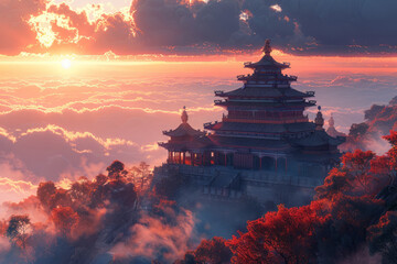 3D digital rendering of a grand temple, bathed in the colors of the early morning sky,