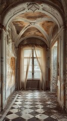 Obraz premium Abandoned hallway with arched ceiling and checkered floor