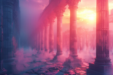 Obraz premium A mesmerizing 3D digital art of ancient pillars bathed in the soft light of dawn,