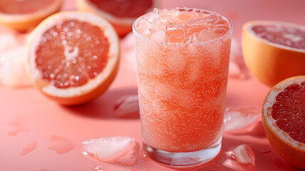 Glass of grapefruit juice with ice, sliced grapefruits around.