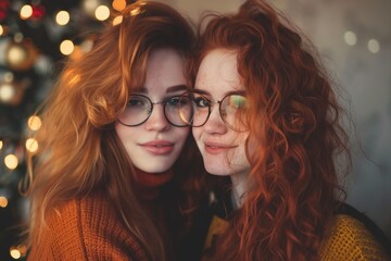 Obraz premium Twin sisters with red hair sharing a warm embrace by the Christmas tree