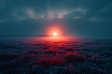 Obraz premium Ethereal horizon at dawn with a glowing sun and misty foreground,