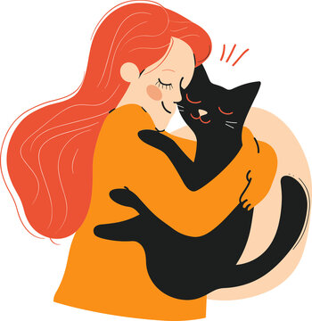 people girl woman hug cat and dog tighly with love illustration vector clipart