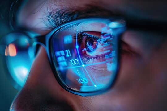 Close-up portrait of software engineer's eyeglasses looking at computer screen with programming code reflecting in glasses. Ai Generative