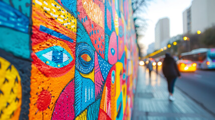 Fototapeta premium Vibrant street mural with urban cityscape backdrop.