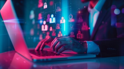 Man using laptop, headhunting and human resources