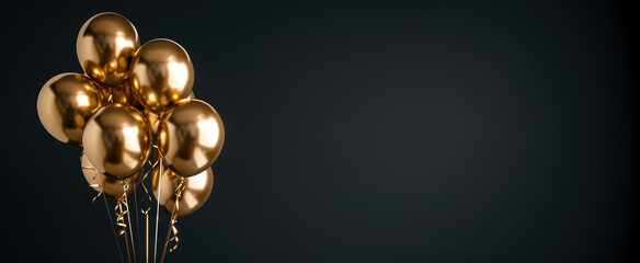 Bunch of gold balloons floating on dark background with copy space