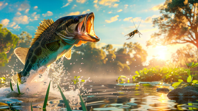 A beautiful open mouth large bass jumping out of the water to catch an insect.