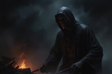 Behold the sinister emergence of a demonic figure from the depths of an underworld in this haunting oil painting, capturing the essence of fear and darkness with masterful strokes and vivid detail.