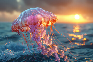 Beautiful 3D digital art of a jellyfish floating upward with the sunlit horizon in the background,