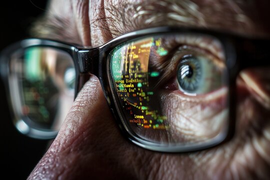 Close-up portrait of software engineer's eyeglasses looking at computer screen with programming code reflecting in glasses. Ai Generative
