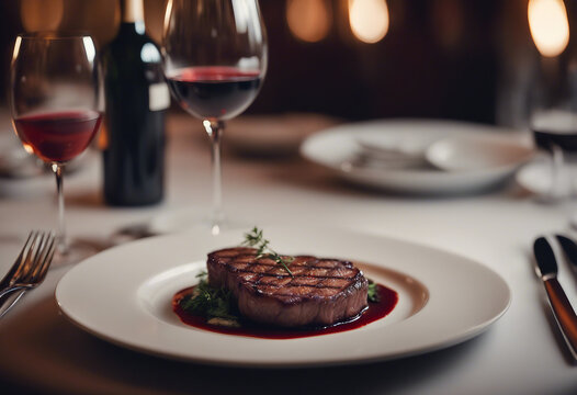 grilled red meat cooked medium rare on a white porcelain plate with a glass of red wine in a luxury 
