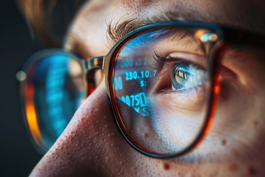 Close-up portrait of software engineer's eyeglasses looking at computer screen with programming code reflecting in glasses. Ai Generative