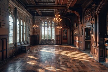 Obraz premium Sunlight streams through stained glass windows, illuminating intricately carved castle walls. Generative AI