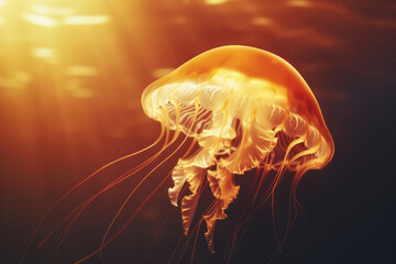 3D digital masterpiece of a jellyfish illuminated by the golden light of the sun over calm waters,