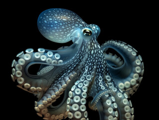 Fototapeta premium A mesmerizing image of a blue translucent octopus with intricate details, set against a deep black background, showcasing its elegance and mystery.