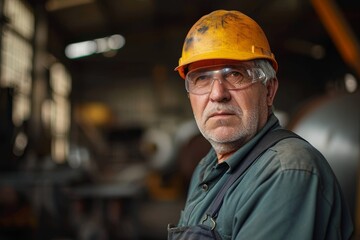 Industrial worker at metal factory Portrait of mature industrial worker at metal factory, looking at camera