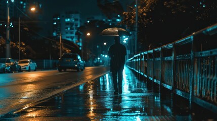 A man holding an umbrella walks along a wet street at night, with reflections from city lights glistening on the pavement and cars passing by in the background.