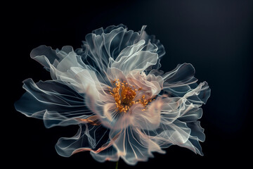 A stunning close-up of an ethereal flower with delicate translucent petals and golden accents against a dark black background.