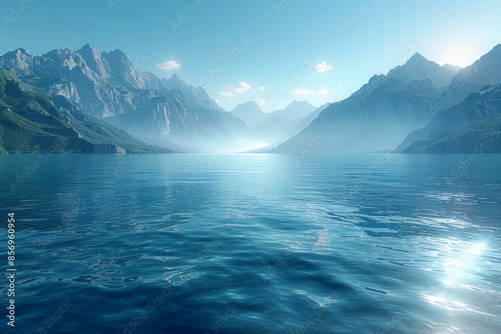 Poster serene blue horizon with calm waters and a simple mountain range in the distance,