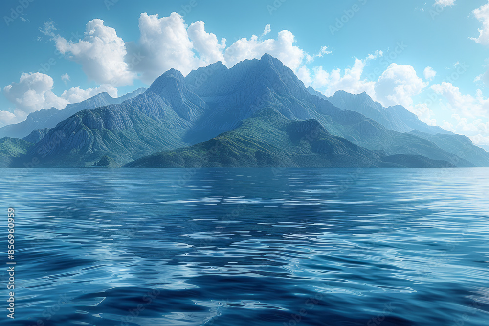 Poster serene blue horizon with calm waters and a simple mountain range in the distance,