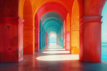 Digital art of a vibrant corridor with colorful walls leading to a bright horizon,