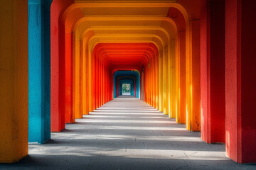 Digital art of a vibrant corridor with colorful walls leading to a bright horizon,