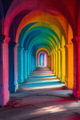 Naklejka premium A mesmerizing corridor filled with rainbow hues, opening up to a glowing horizon,