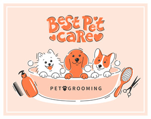 Pet grooming. Cartoon dogs taking a bath full of soapy suds. Animal hair grooming, haircuts, bathing, hygiene. Vector illustration