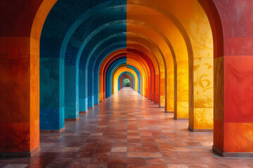 Brightly colored corridor with abstract designs, guiding the way to a radiant horizon,