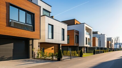 Fototapeta premium Modern town houses of brick and glass on urban street