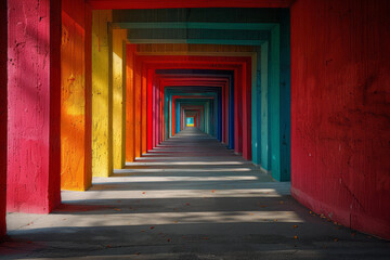 A corridor filled with vibrant, digital art colors, opening to a bright horizon,