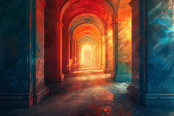 Fototapeta premium Vividly colored corridor in digital art, opening up to a shining horizon,