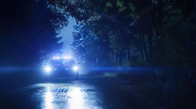 A police car with flashing lights illuminates a dark, wet forest road at night, creating an evocative atmosphere filled with suspense and tension, captured in high detail.