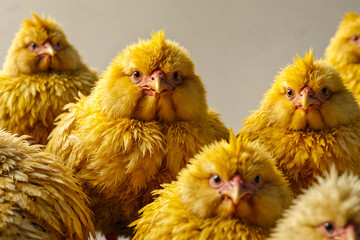 Fluffy yellow fat chicks on a white background