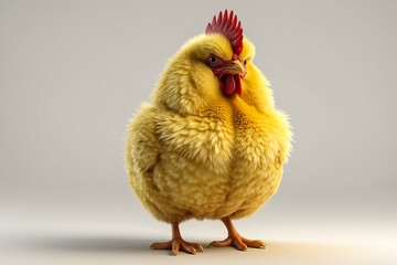 Fluffy yellow fatty chicken on a white background