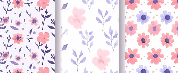 Collection of three seamless pastel purple and pink patterned vector designs in simple flat style