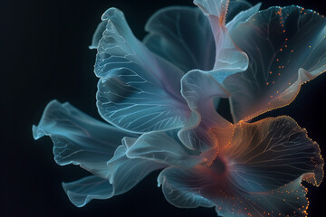 Obraz premium A stunning close-up of an ethereal flower with delicate translucent petals and golden accents against a dark black background.