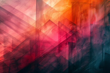 Digital art with layers of interwoven shapes and radiant color gradients,