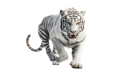 Strong white tiger walking, isolated on transparent background