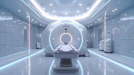 Futuristic MRI machine in a modern medical facility with advanced technology and a clean, sterile environment for precise imaging.