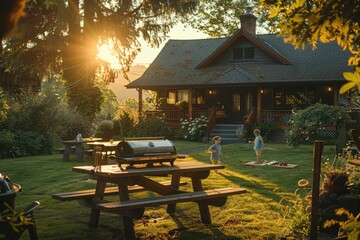A family enjoying a barbecue in their backyard, with a grill, picnic table, and children playing nearby. 