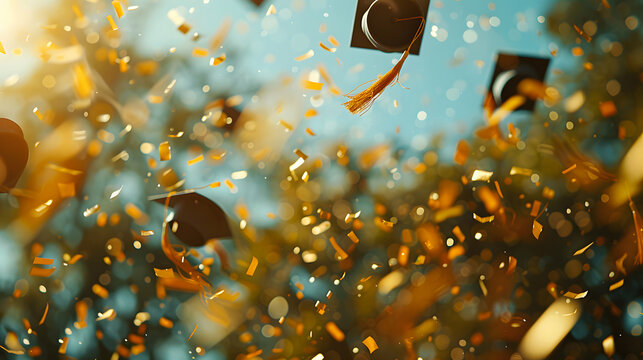 Graduation caps tossed into the air with confetti, celebrating academic success and achievement on a bright, sunny day.