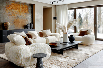 Minimalist interior design of modern living room with boucle sofa and armchairs.