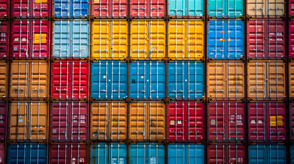 Fototapeta premium Stacked colorful shipping containers forming a vibrant pattern, representing global trade and logistics. Perfect for industry-themed projects.
