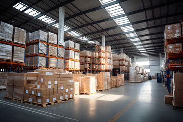 Spacious warehouse filled with stacked boxes on shelves and pallets, illustrating industrial storage and logistics management.
