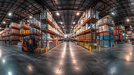 Wide-angle view of a large warehouse with high shelves stocked with boxes and a forklift in operation. Industrial storage facility.