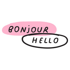 Bonjour, hello. French and English languages. Bilingual concept. Vector illustration.