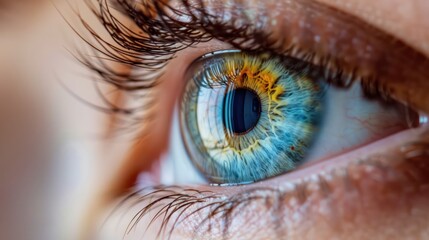 Fototapeta premium A close-up shot capturing the intricate details and vibrant colors of a human eye, highlighting the blue and golden hues, small red veins, and reflections of light.